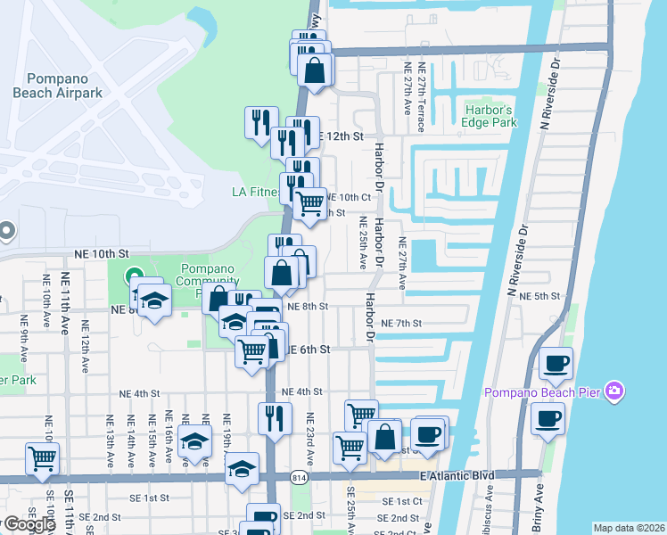 map of restaurants, bars, coffee shops, grocery stores, and more near 906 Northeast 23rd Terrace in Pompano Beach