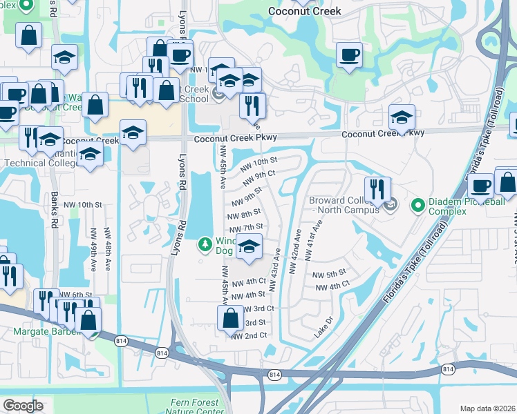 map of restaurants, bars, coffee shops, grocery stores, and more near 4420 Northwest 9th Street in Coconut Creek