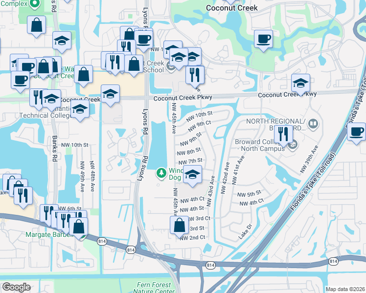 map of restaurants, bars, coffee shops, grocery stores, and more near 4420 Northwest 9th Street in Coconut Creek