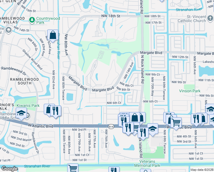 map of restaurants, bars, coffee shops, grocery stores, and more near a29a Golf Circle Drive in Margate