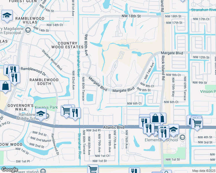 map of restaurants, bars, coffee shops, grocery stores, and more near 1006 Country Club Drive in Margate