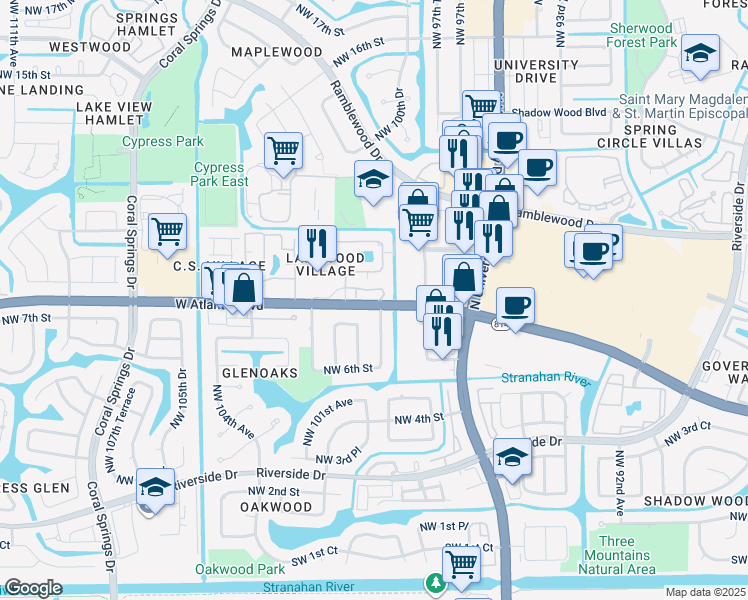 map of restaurants, bars, coffee shops, grocery stores, and more near 9953 West Atlantic Boulevard in Coral Springs
