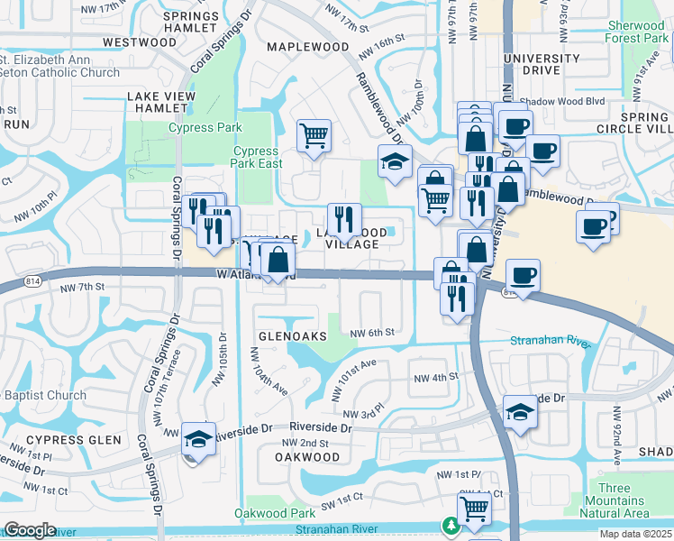 map of restaurants, bars, coffee shops, grocery stores, and more near 814 Harbor Inn Terrace in Coral Springs