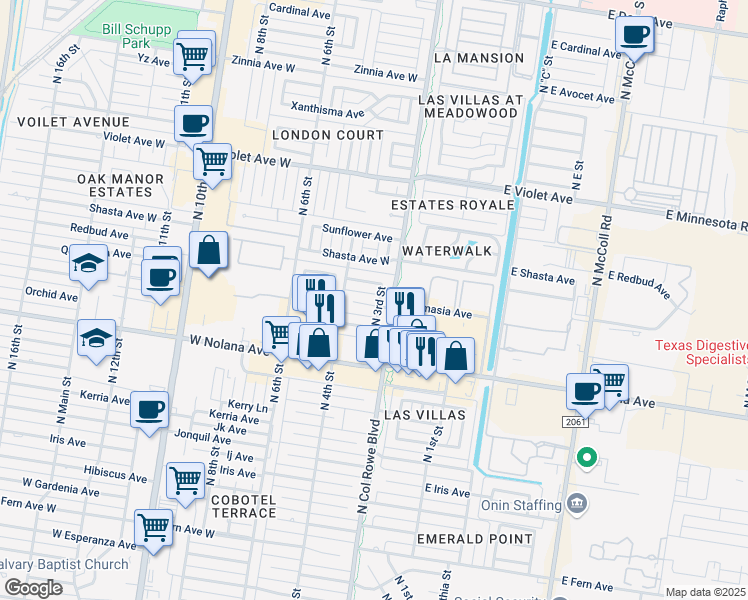 map of restaurants, bars, coffee shops, grocery stores, and more near 300 Quamasia Avenue in McAllen