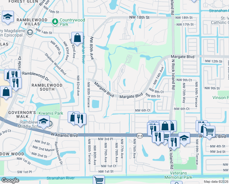 map of restaurants, bars, coffee shops, grocery stores, and more near 1006 Country Club Drive in Margate