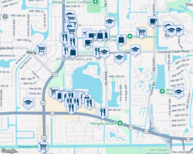 map of restaurants, bars, coffee shops, grocery stores, and more near 587 Banks Road in Margate