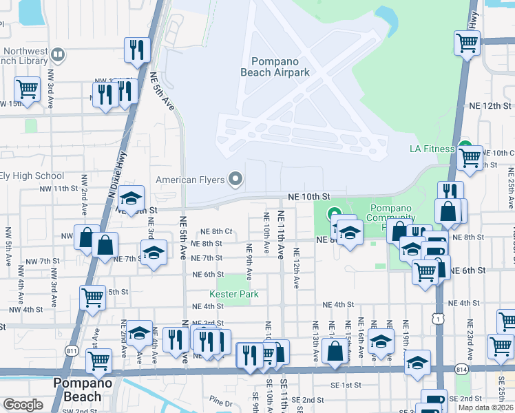 map of restaurants, bars, coffee shops, grocery stores, and more near 1006 Northeast 10th Avenue in Pompano Beach