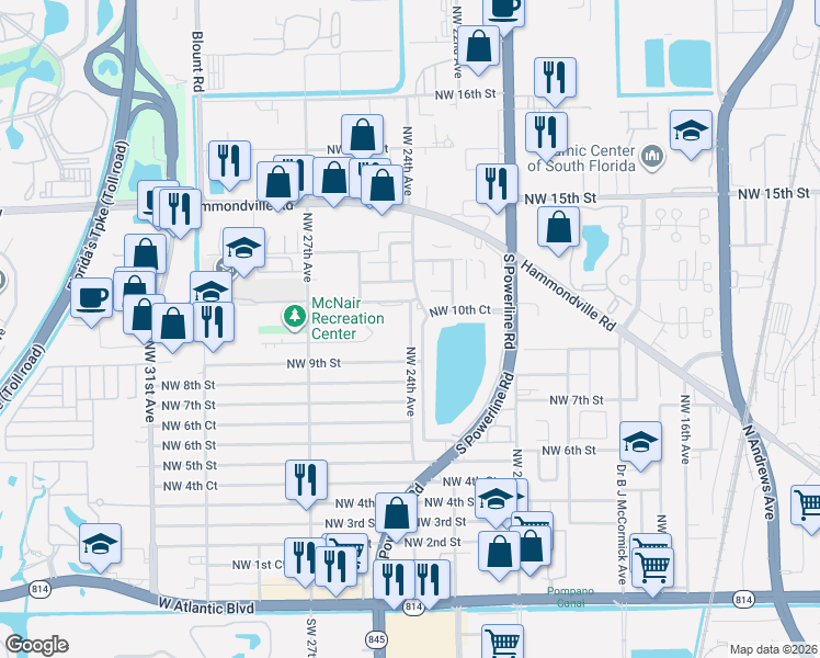 map of restaurants, bars, coffee shops, grocery stores, and more near 1011 Northwest 23rd Terrace in Pompano Beach