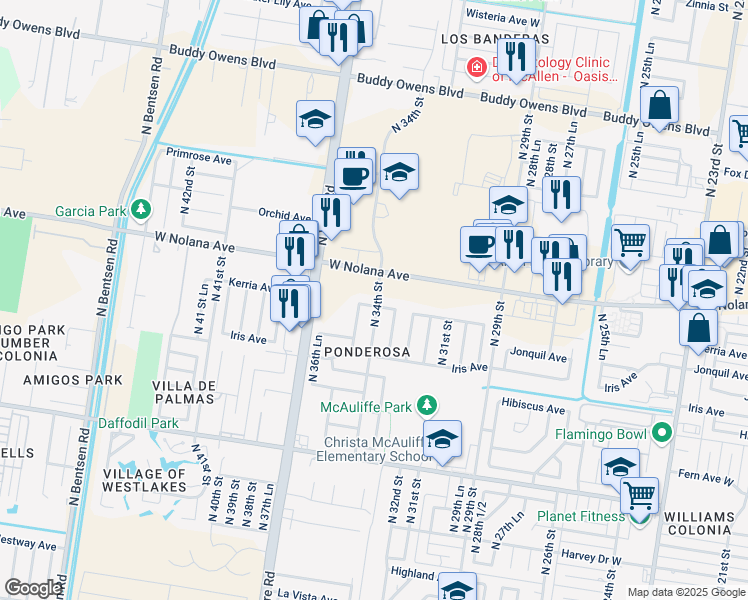map of restaurants, bars, coffee shops, grocery stores, and more near 3400 Kerria Avenue in McAllen