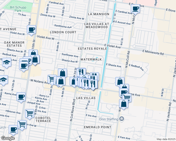 map of restaurants, bars, coffee shops, grocery stores, and more near 121 East Quamasia Avenue in McAllen