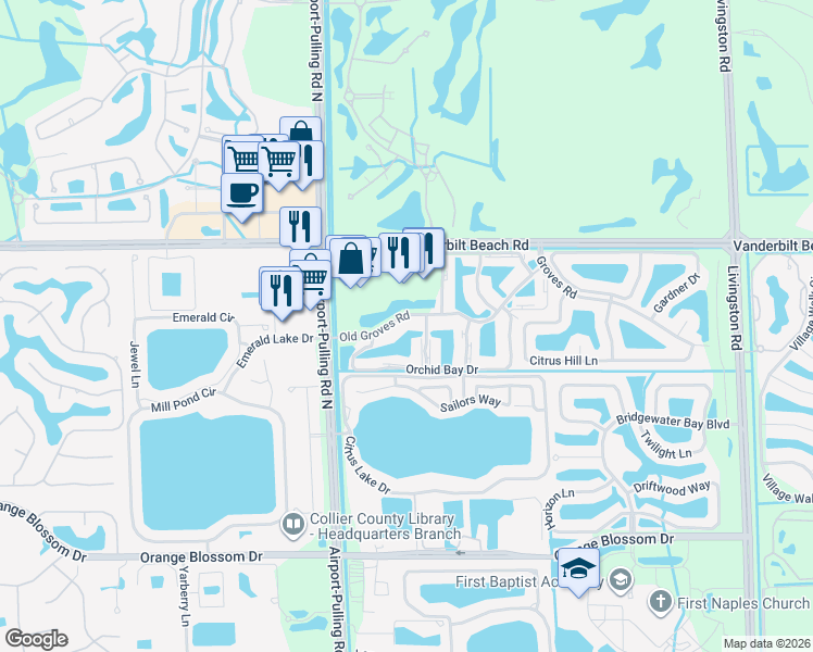map of restaurants, bars, coffee shops, grocery stores, and more near 2400-2468 Old Groves Road in Naples