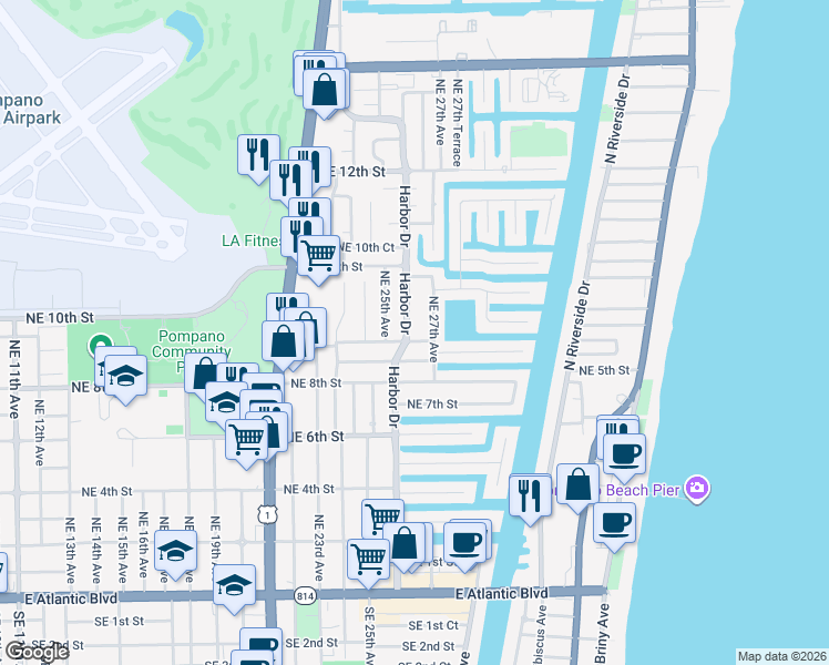 map of restaurants, bars, coffee shops, grocery stores, and more near 904 Northeast 26th Avenue in Pompano Beach