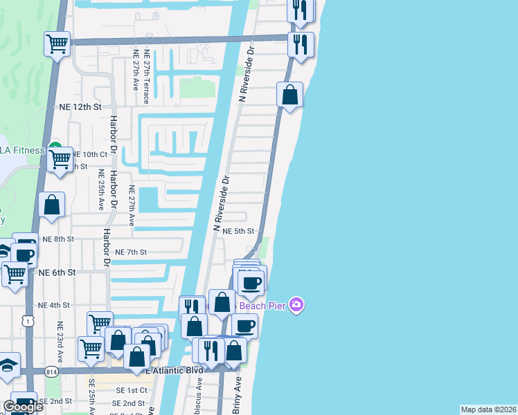 map of restaurants, bars, coffee shops, grocery stores, and more near 520 Florida A1A in Pompano Beach