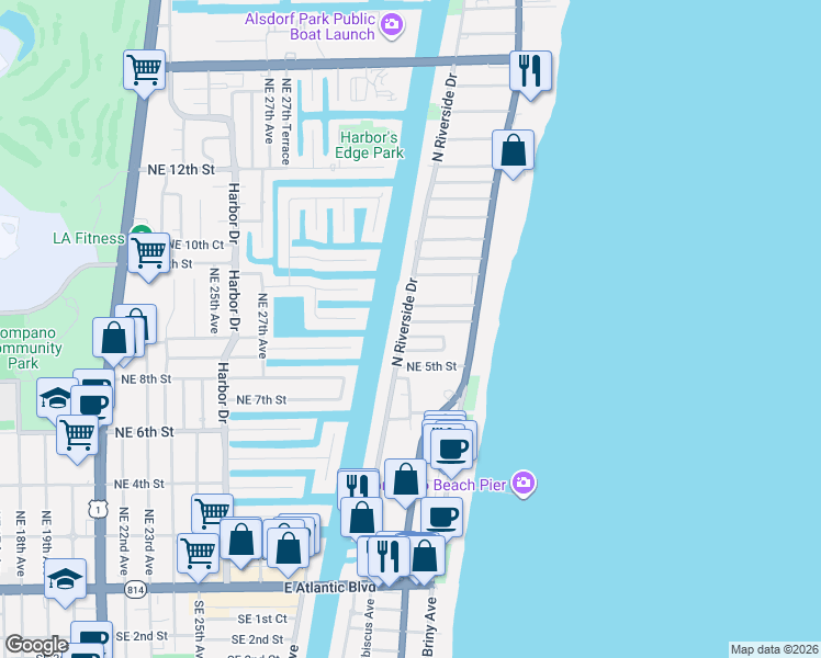 map of restaurants, bars, coffee shops, grocery stores, and more near 57 North Riverside Drive in Pompano Beach
