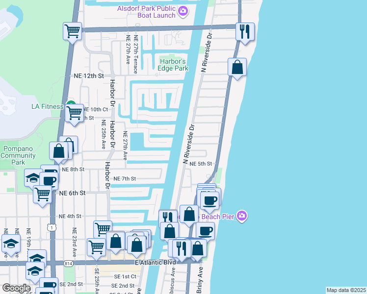map of restaurants, bars, coffee shops, grocery stores, and more near 57 North Riverside Drive in Pompano Beach