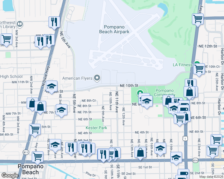 map of restaurants, bars, coffee shops, grocery stores, and more near 1006 Northeast 10th Avenue in Pompano Beach