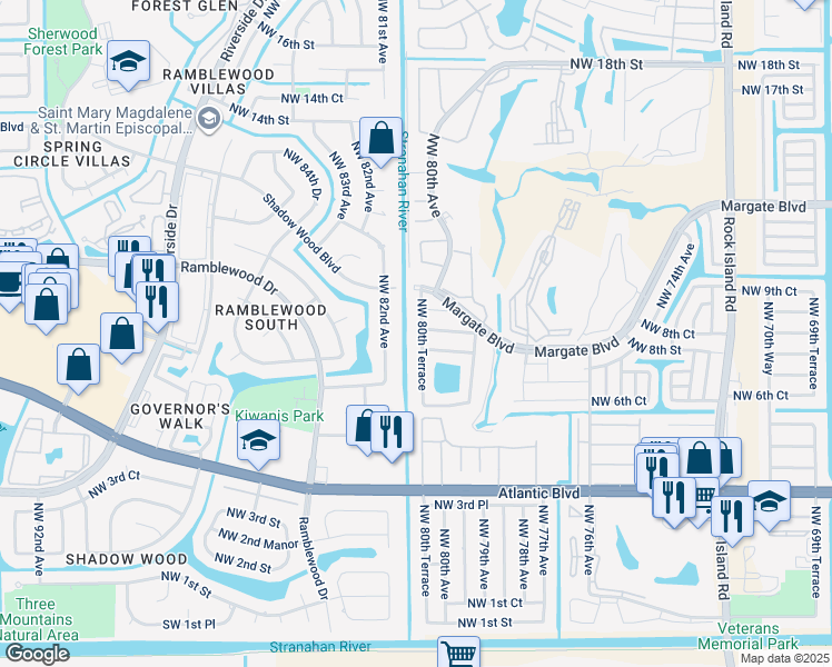 map of restaurants, bars, coffee shops, grocery stores, and more near 855 Northwest 80th Terrace in Margate
