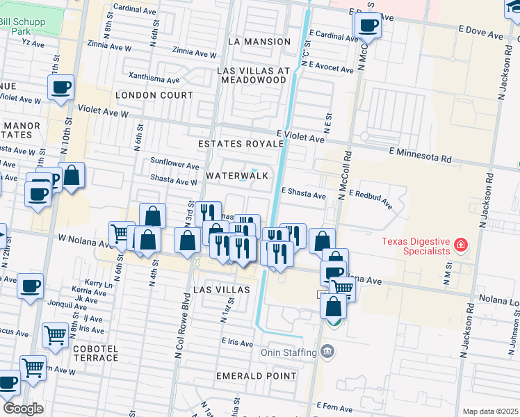 map of restaurants, bars, coffee shops, grocery stores, and more near 201 East Quamasia Avenue in McAllen
