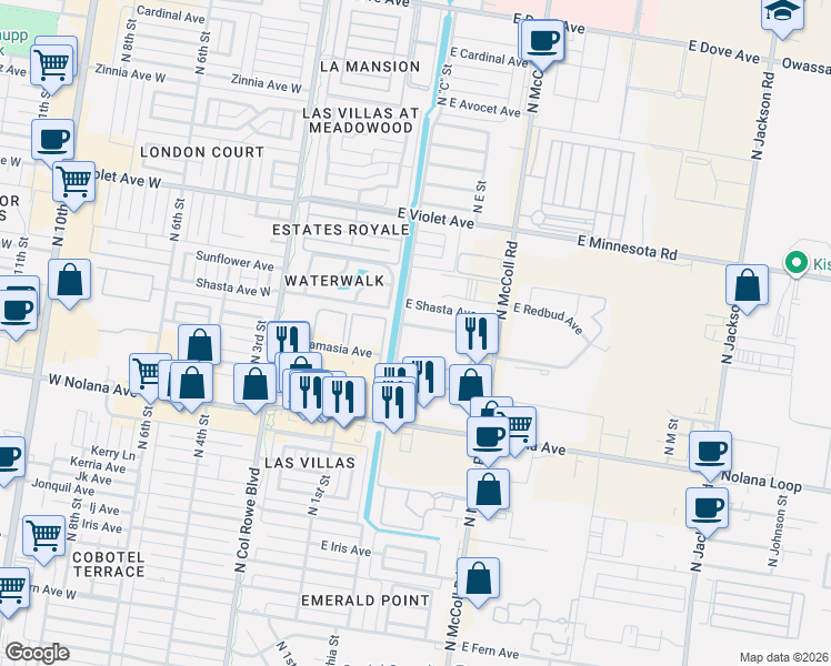 map of restaurants, bars, coffee shops, grocery stores, and more near 404 East Redbud Avenue in McAllen