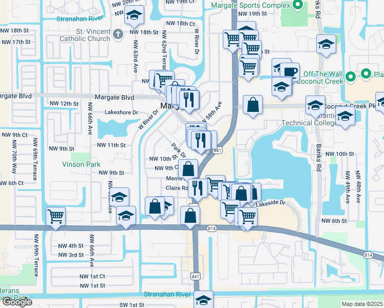 map of restaurants, bars, coffee shops, grocery stores, and more near 1031 Park Drive in Margate