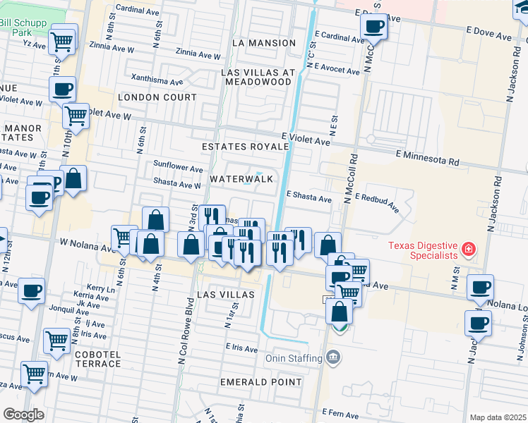 map of restaurants, bars, coffee shops, grocery stores, and more near 201 E Quamasia Ave in McAllen