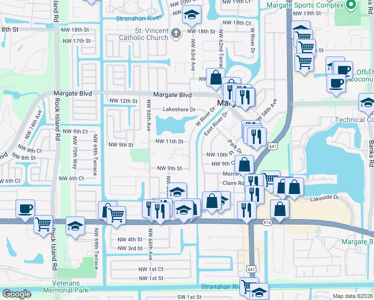 map of restaurants, bars, coffee shops, grocery stores, and more near 1037 West River Drive in Margate
