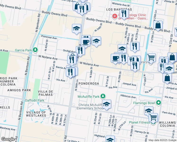 map of restaurants, bars, coffee shops, grocery stores, and more near 3408 Kerria Avenue in McAllen