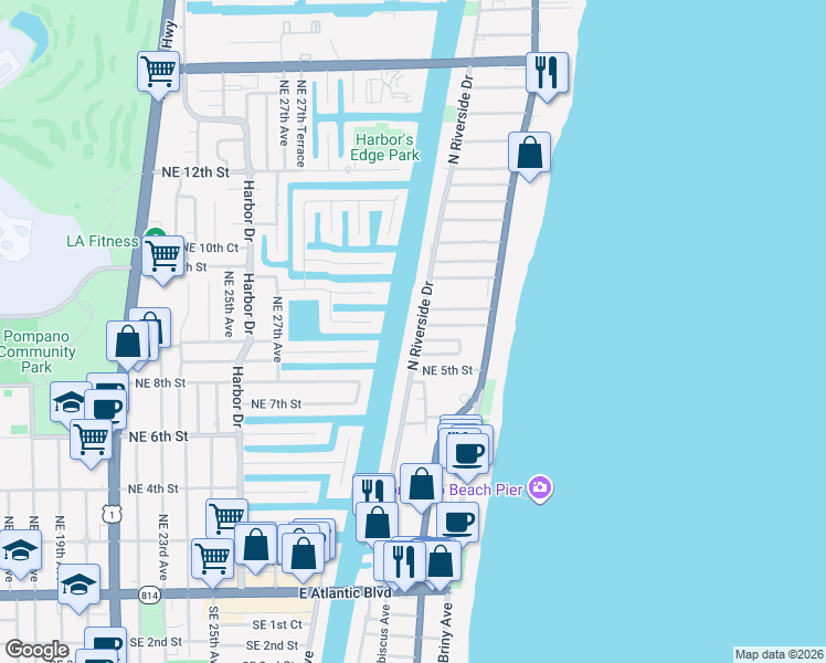 map of restaurants, bars, coffee shops, grocery stores, and more near 57 North Riverside Drive in Pompano Beach