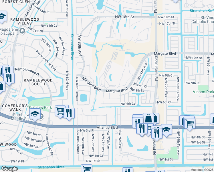 map of restaurants, bars, coffee shops, grocery stores, and more near 1006 Country Club Drive in Margate