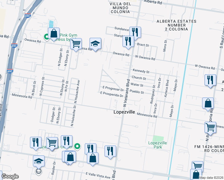 map of restaurants, bars, coffee shops, grocery stores, and more near 1210 East Progresar Drive in Pharr