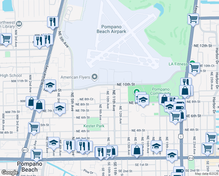 map of restaurants, bars, coffee shops, grocery stores, and more near 1006 Northeast 10th Avenue in Pompano Beach