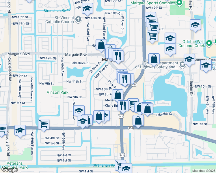 map of restaurants, bars, coffee shops, grocery stores, and more near 6009 Northwest 10th Street in Margate