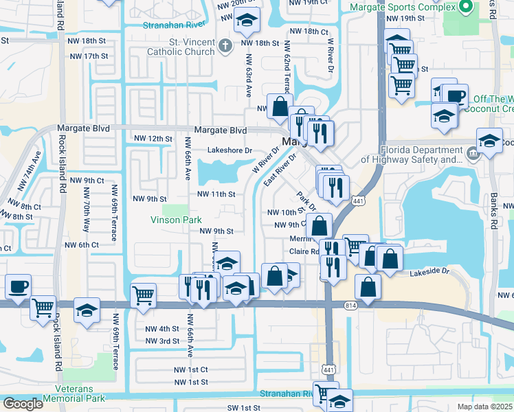 map of restaurants, bars, coffee shops, grocery stores, and more near 1005 East River Drive in Margate