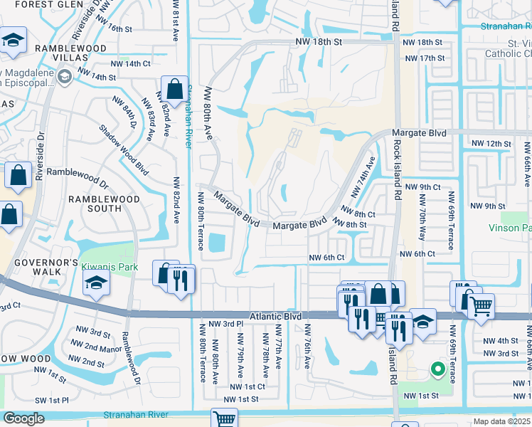 map of restaurants, bars, coffee shops, grocery stores, and more near 1006 Country Club Drive in Margate