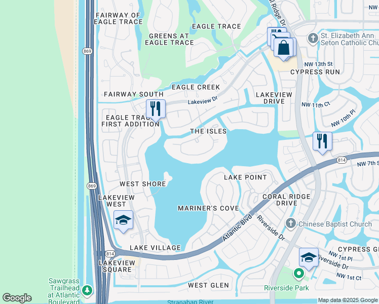 map of restaurants, bars, coffee shops, grocery stores, and more near 12177 Northwest 9th Drive in Coral Springs