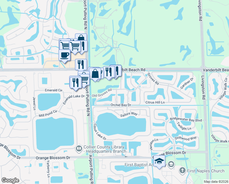 map of restaurants, bars, coffee shops, grocery stores, and more near 2475 Old Groves Road in Naples
