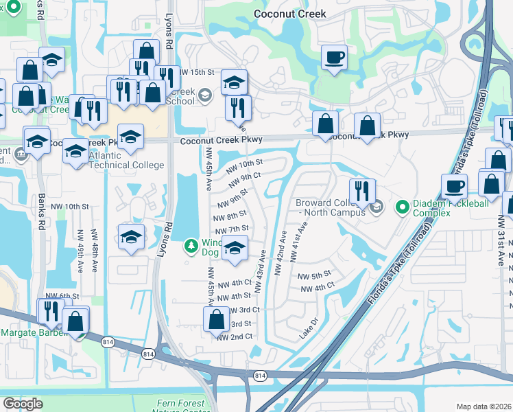 map of restaurants, bars, coffee shops, grocery stores, and more near 801 Northwest 43rd Avenue in Coconut Creek