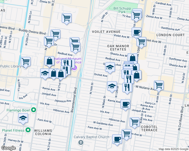 map of restaurants, bars, coffee shops, grocery stores, and more near 1523 Orchid Avenue in McAllen