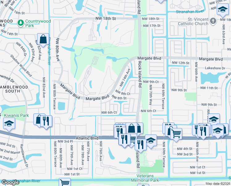 map of restaurants, bars, coffee shops, grocery stores, and more near 7700 Northwest 8th Court in Margate