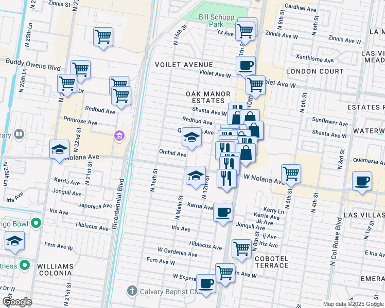 map of restaurants, bars, coffee shops, grocery stores, and more near 1320 West Nolana Avenue in McAllen