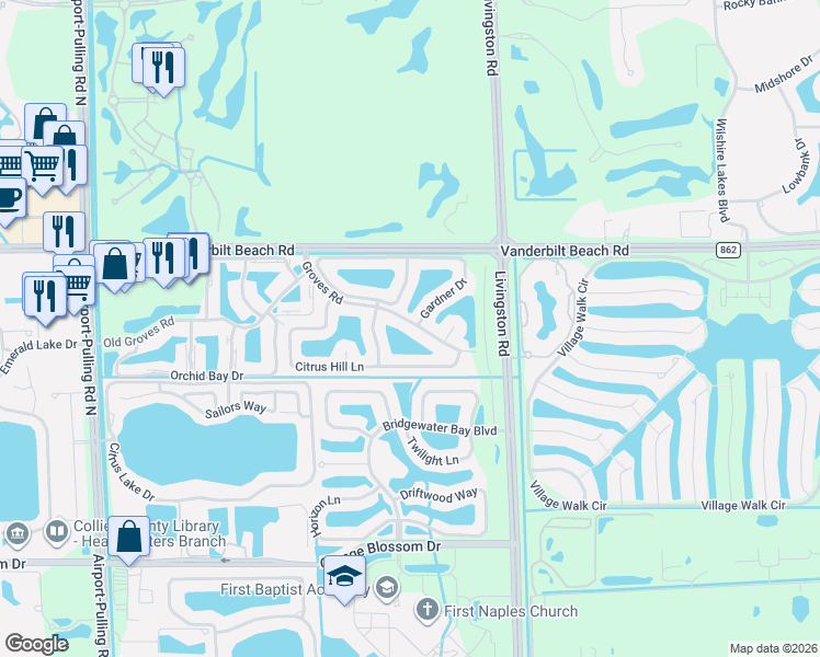 map of restaurants, bars, coffee shops, grocery stores, and more near 7917 Gardner Drive in Naples