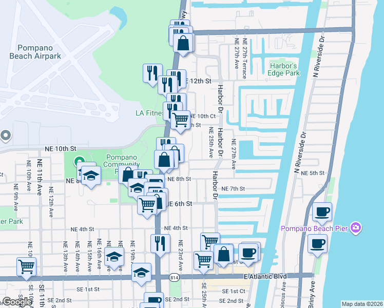 map of restaurants, bars, coffee shops, grocery stores, and more near 906 Northeast 23rd Terrace in Pompano Beach