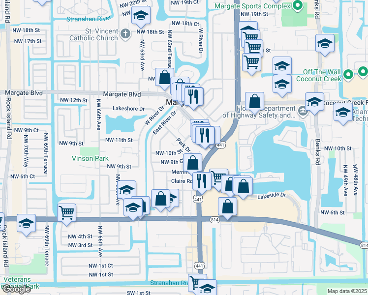 map of restaurants, bars, coffee shops, grocery stores, and more near 6009 Northwest 10th Street in Margate