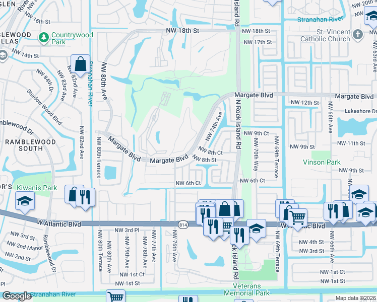 map of restaurants, bars, coffee shops, grocery stores, and more near a29a Golf Circle Drive in Margate