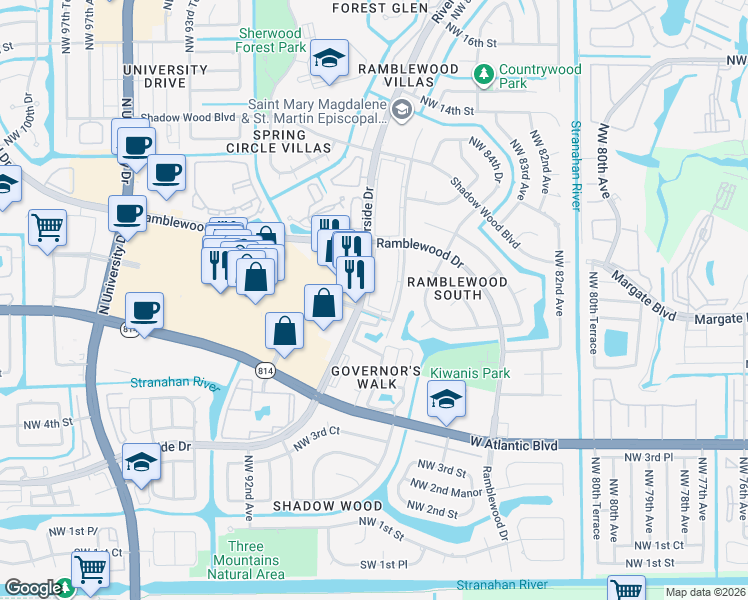 map of restaurants, bars, coffee shops, grocery stores, and more near 755 Riverside Drive in Coral Springs