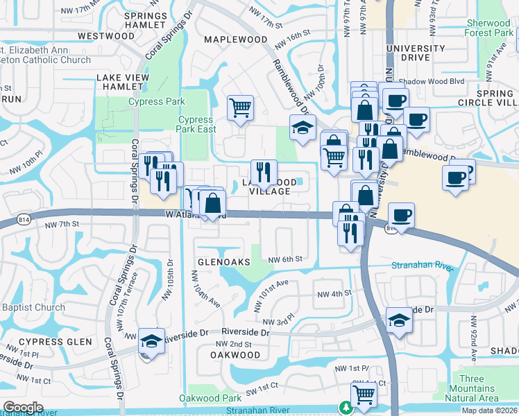 map of restaurants, bars, coffee shops, grocery stores, and more near 814 Harbor Inn Terrace in Coral Springs