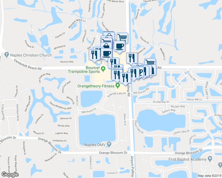 map of restaurants, bars, coffee shops, grocery stores, and more near 7935 Airport-Pulling Road in Naples