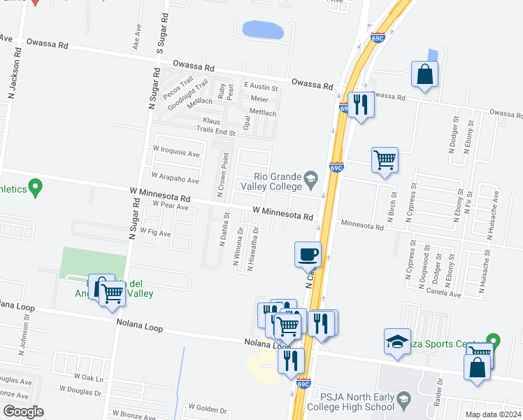 map of restaurants, bars, coffee shops, grocery stores, and more near 507 West Minnesota Road in Pharr