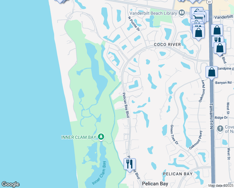 map of restaurants, bars, coffee shops, grocery stores, and more near 7311 Pelican Bay Boulevard in Naples