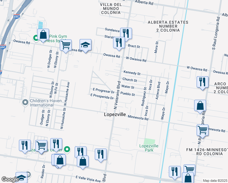 map of restaurants, bars, coffee shops, grocery stores, and more near 1307 East Progresar Drive in Pharr